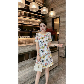 Hàng nhập - đầm suông lụa hoa vai phối nút tay ngắn