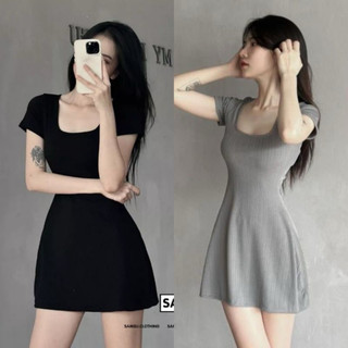 Váy Cổ Vuông Tay Ngắn Trơn Form Ngắn, Váy Nữ Thun Co Dãn Tôn Dáng---Váy Ngắn Cổ vuông