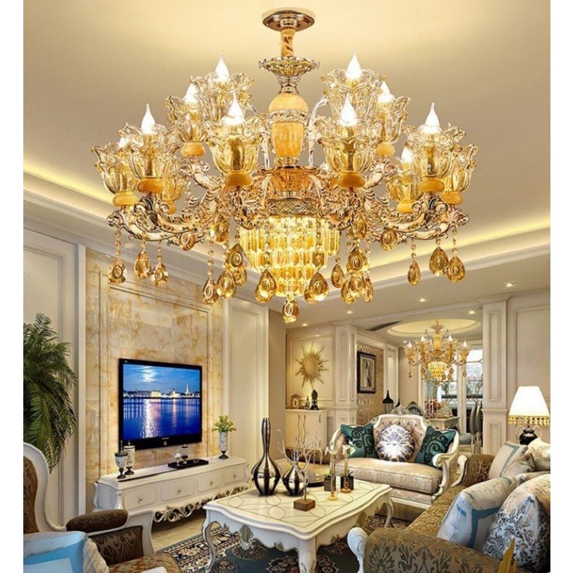 Đèn chùm pha lê 15 tay chao đá đúc màu vàng