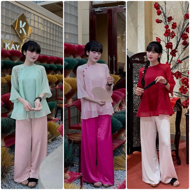 Set áo tơ xốp cổ tròn tay lỡ dáng rộng xoè + quần suông dài rộng