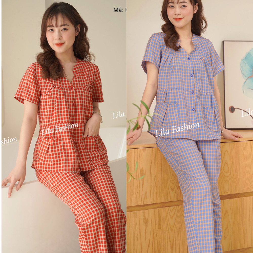 Bộ đồ mặc nhà LILA kẻ caro nữ cổ V tay cọc,quần dài chất thô mềm -K703