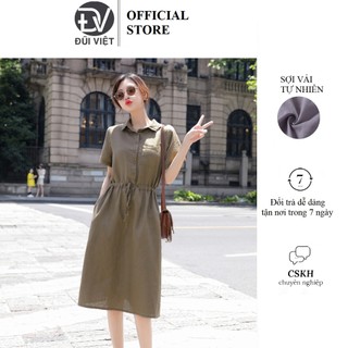 Đầm linen nữ dáng suông dài, cổ sơ mi tay ngắn, chất linen mát phong cách ulzzang Hàn Quốc DV75