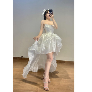 M445 - Đầm công chúa voan mỹ cúp ngực đuôi cá viền bèo 2 lớp dây nơ rời (2 màu)