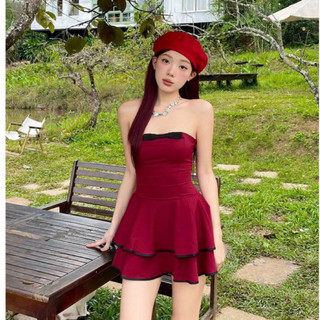 Đầm Ống Cúp Ngực Nơ Có Mút Xoè Tầng Viền Màu