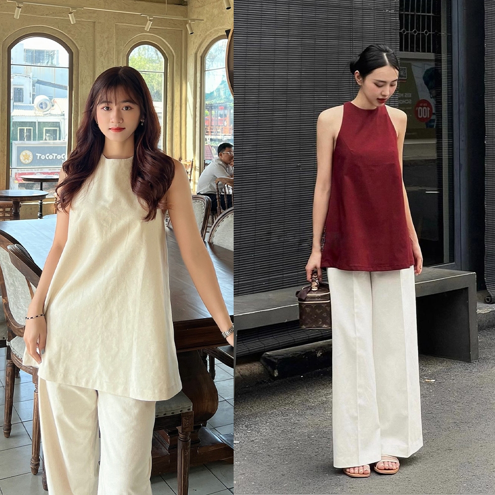 Áo sát nách Meli Mercury Cúc đóng xẻ tà sau chất Linen