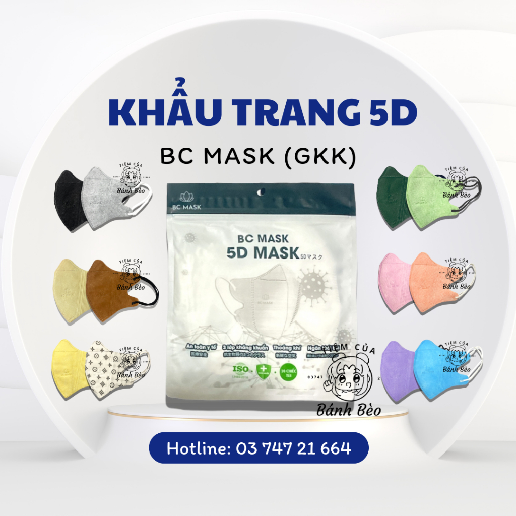 [Túi 10 Cái] Khẩu Trang 5D Nhiều Màu Pastel Nhạt Hiệu Bảo Châu Bc Mask 3 Lớp Phom Ôm Mặt | Tiệm Của Bánh Bèo