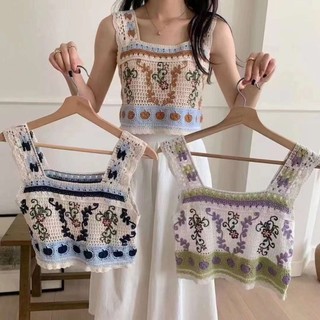 Áo CropTop 2 Dây Họa Tiết Thêu Hoa Áo Dệt Len Dáng Ngắn 3 Màu Đi Biển Mọi Lứa Tuổi Thời Trang Nữ Hàng Qccc | Bé Clothing