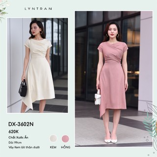 Đầm xòe công sở vạt bất đối xứng, váy xòe dự tiệc cổ thuyền ngắn tay LYNTRAN DX-3602N