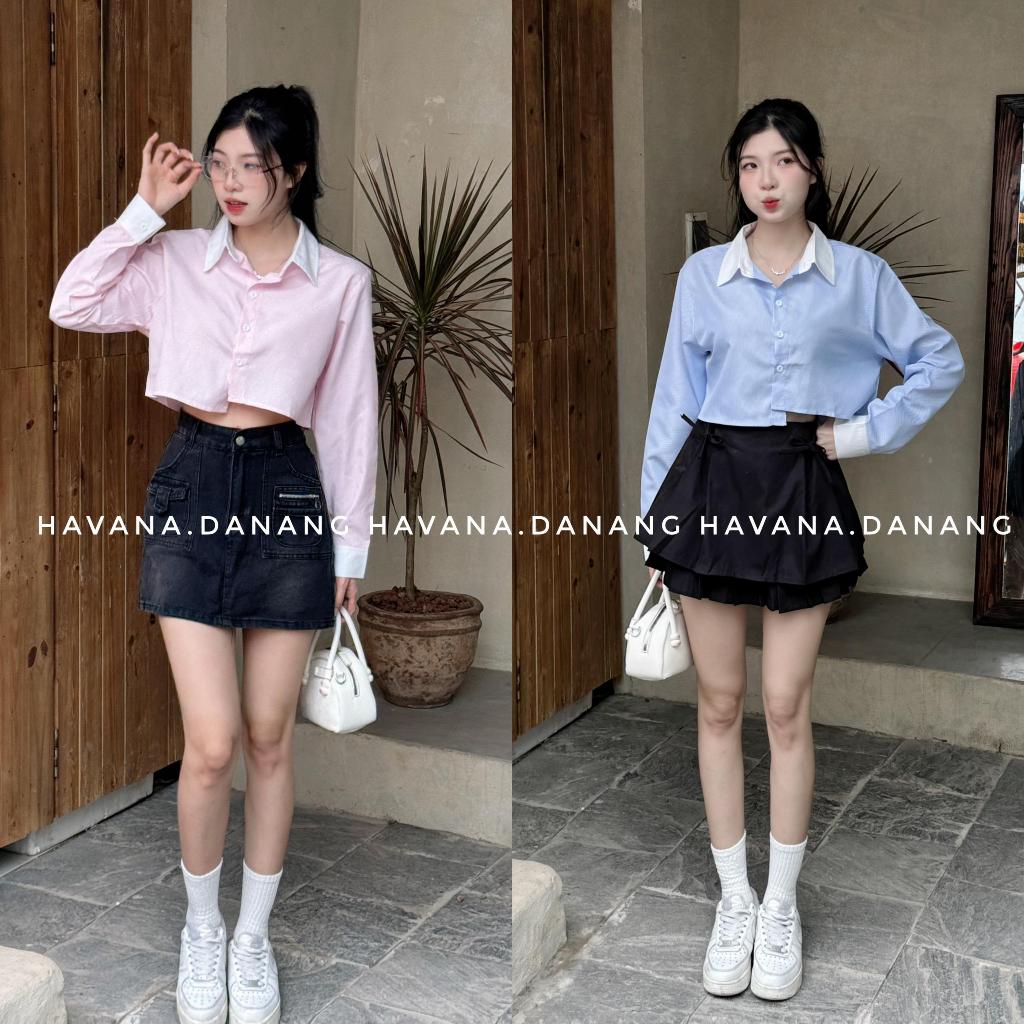 Áo sơ mi croptop phối kẻ sọc phong cách Hàn Quốc HAVANA AO161