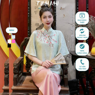 Bộ đi lễ chùa, Pháp phục nữ cách tân cổ tàu TINH NHI thêu cành đào vai tay rộng lụa vân hoa cao cấp 5 màu PP13