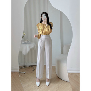 Quần suông phối cạp 4 cúc bọc