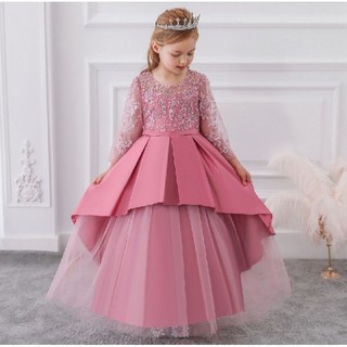 Áo Đầm Công Chúa Dài Tay Cổ Tròn Ren Voan Hồng Tây Cho Bé 14-17 Tuổi,Hình Thật.Hàng Quảng Châu/T9.