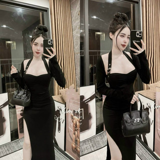 MS118(Hàng sẵn Kho nhé khách( Đầm Body Hở ngực dây choàng cổ ôm body xẻ tà tôn dáng) S/M