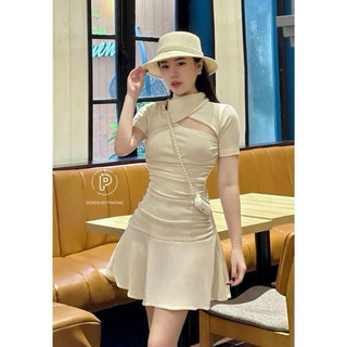 MS43(Hàng Mới về( Đầm kiểu cổ cao chéo ngực nhúng eo xoè nhẹ form đẹp) Chất tăm lụa trung.