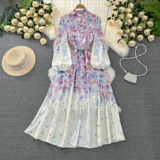 #4779 [Sẵn một số size] Đầm Quảng Châu dài tay họa tiết váy retro dáng chữ A thời trang nữ tính đủ size