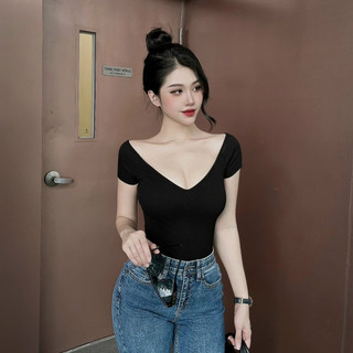 Áo Thun Tay Ngắn Nữ Cổ V Rộng Chất Liệu Gân Tăm Co Giãn 5 Màu Tùy Chọn CS29, CT JEANS