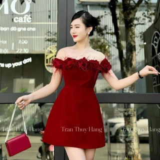 Đầm Ngắn Thiết Kế Thời Trang Nữ Siêu HOT Chất Nhung Trễ Vai Phối Hoa Lông Tạo Kiểu From Váy Chữ A Mặc Đi Tiệc Sang Trọng