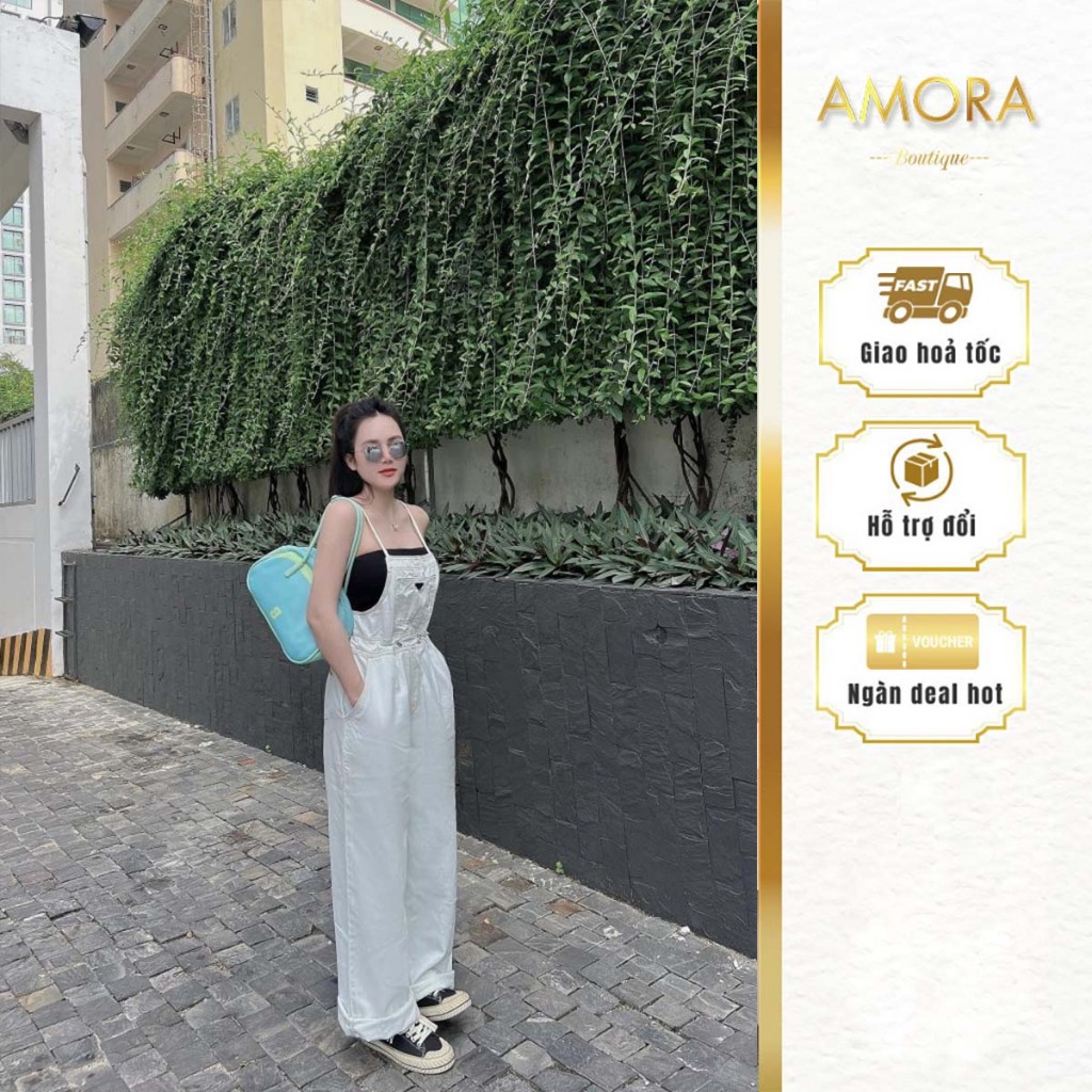 Quần yếm jean nữ Amora trắng form rộng túi trước ngực, quần bò yếm dài ống suông, jum jean trắng bigsize A0557