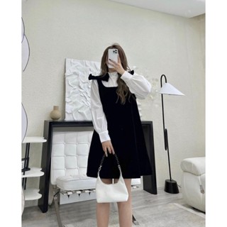 SET YẾM VÁY NHUNG SUÔNG NƠ VAI metwo.dearu - Set váy nhung đen ngắn babydoll kèm áo sơ mi trắng cổ bèo ulzzang Hàn Quốc