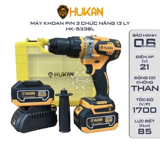 Máy khoan pin HUKAN 533BL, Không chổi than, 3 chức năng 13 ly, Lực siết 75Nm