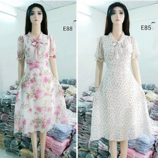 Váy hoa tiểu thư ngắn tay buộc nơ cổ