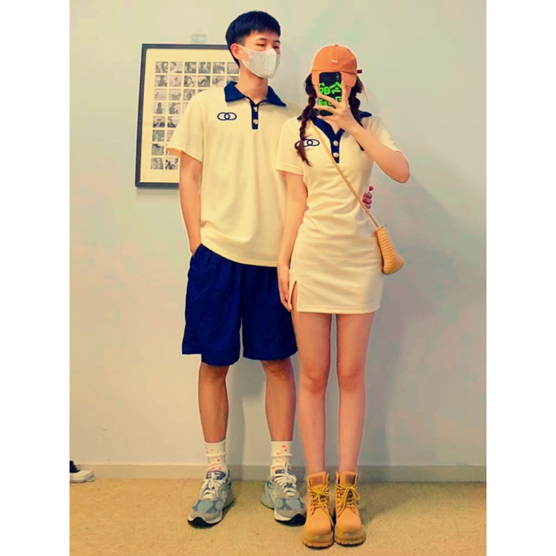 Set áo váy đôi thun body vàng cổ navi xinh xắn | Forever Couple Store - Tiệm Đồ Đôi