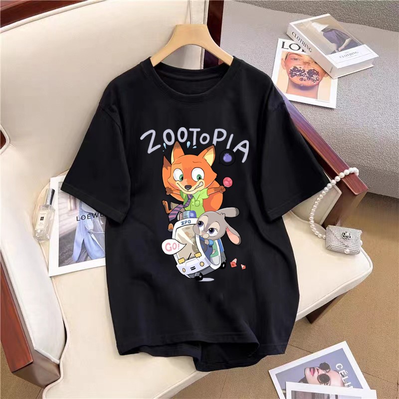 Áo phông thun nam nữ dáng rộng họa tiết thỏ và cáo hoạt hình