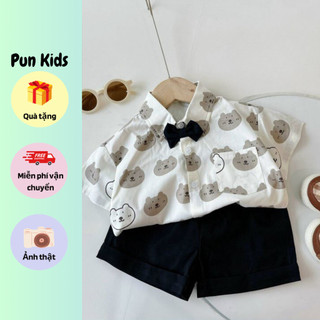 Bộ sơ mi công tử họa tiết gấu kèm nơ đen cho bé trai từ 9 - 30kg BD70