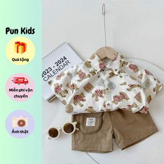 Bộ sơ mi họa tiết gấu nâu phối quần kaki cho bé trai từ 9 - 30kg BD71
