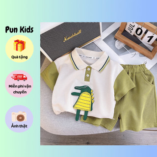 Set áo thun polo hoạ tiết cá xấu xanh trắng kèm quần short thời trang cho bé trai từ 9-20kg BD74