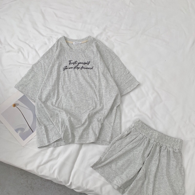 Set bộ cotton kaiding dáng rộng hàng Quảng Châu phong cách unisex Hàn Quốc thêu slogan chữ ngực
