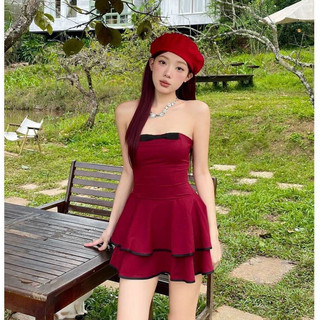 Đầm Ống Cúp Ngực Nơ Xòe Tầng Có Mút Viền Màu