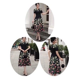 Váy đen hoa chân tiểu thư dáng xoè dài váy 106cm