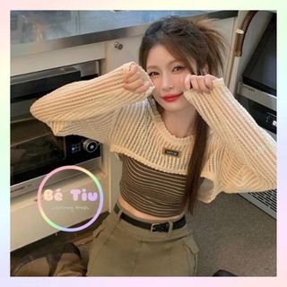 Áo Khoác Lưới Croptop Tay Dài Nữ, Áo Kiểu Dệt Kim Sọc Mỏng Sát Nách Thời Trang Nữ Trẻ Trung Năng Động | Bé Tiu Clothing