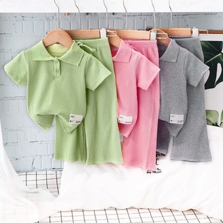 B11 - Bộ quần dài áo cổ bẻ  3 màu chất tăm gân lạnh cho bé gái diện hè 8-20kg