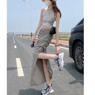 Chân váy dài ullzang nhúm hông xẻ tà - M015