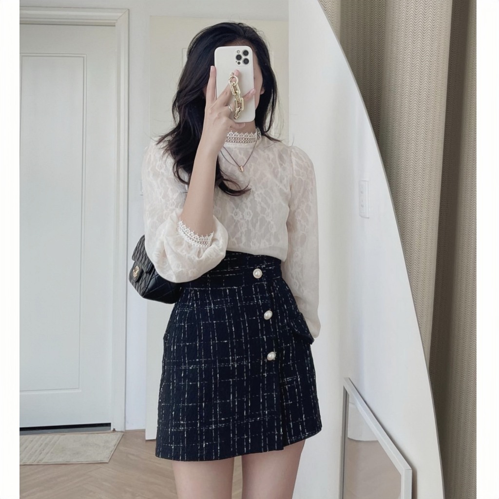 XẢ KHO NGHỈ BÁN Áo sơ mi kiểu nữ chất voan tơ lót ren tiểu thư dài tay hai lớp màu kem 588 Kozoda SM245