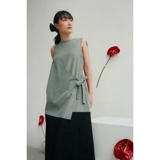 Chicka Chicka - Đầm cotton suông đắp chéo phối màu xám xanh