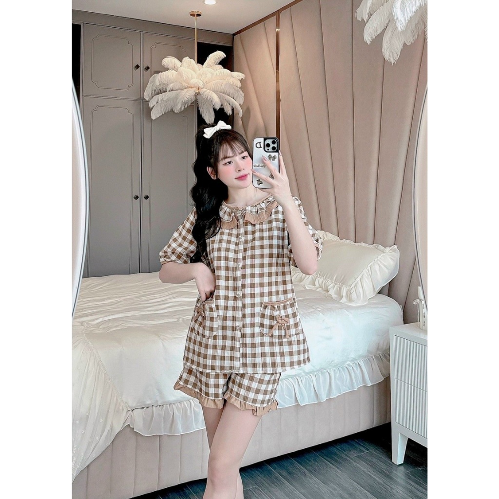 CC36 - Bộ Ngủ Mặc Nhà Pijama Nữ Tiểu Thư Bánh Bèo Chất Đũi Gân - Cổ Tròn Bèo Tay Cộc Quần Cộc | BigBuy360 - bigbuy360.vn