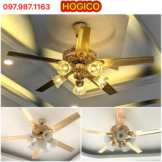 Quạt trần đèn 5 cánh vàng, thân đúc, 5-6 chao đèn