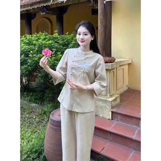 Set bộ đồ pháp phục thêu hoa chất đũi kate, bộ đồ lam đi chùa nữ