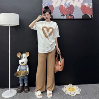 Áo Thun Nữ, Cotton Thêu Trái Tim Kèm Quần Len Tăm Ống Xuông, Thoáng Mát, Thấm Hút Mồ Hôi, CTNG622130