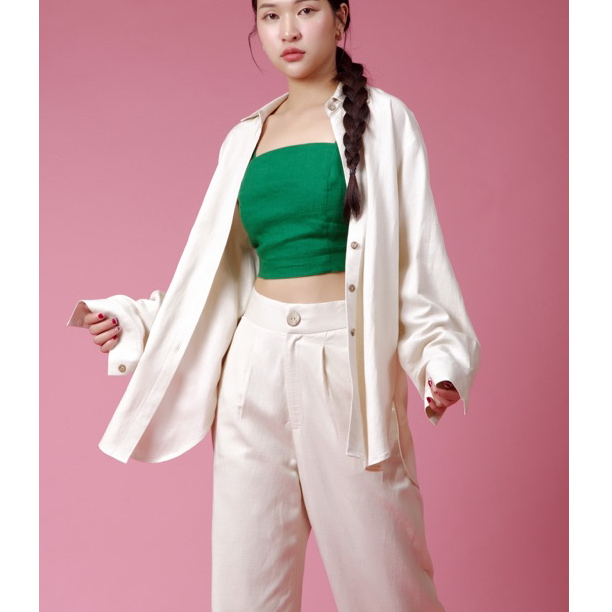 Set Sơmi Linen Nữ Tay Dài Freesize, Quần Suông Linen Tôn Dáng