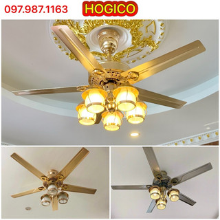 Quạt trần đèn 5 cánh Hợp kim, chao lồng, Động cơ DC đồng siêu êm, siêu mát