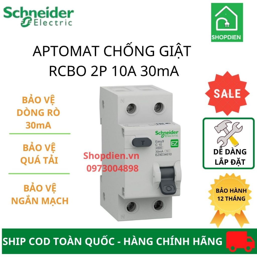 Aptomat Cầu dao chống giật chống rò điện RCBO 2P 10A 30mA Schneider Easy9 EZ9D34610