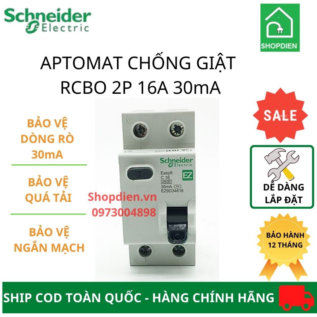 Aptomat Cầu dao chống giật , chống rò điện Schneider Easy9 RCBO 2P 16A 30mA  EZ9D34616