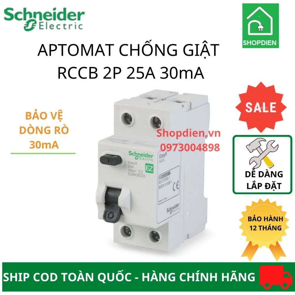 Aptomat Cầu dao chống giật chống rò điện RCCB 2P 25A 30mA Schneider Easy9 EZ9R36225