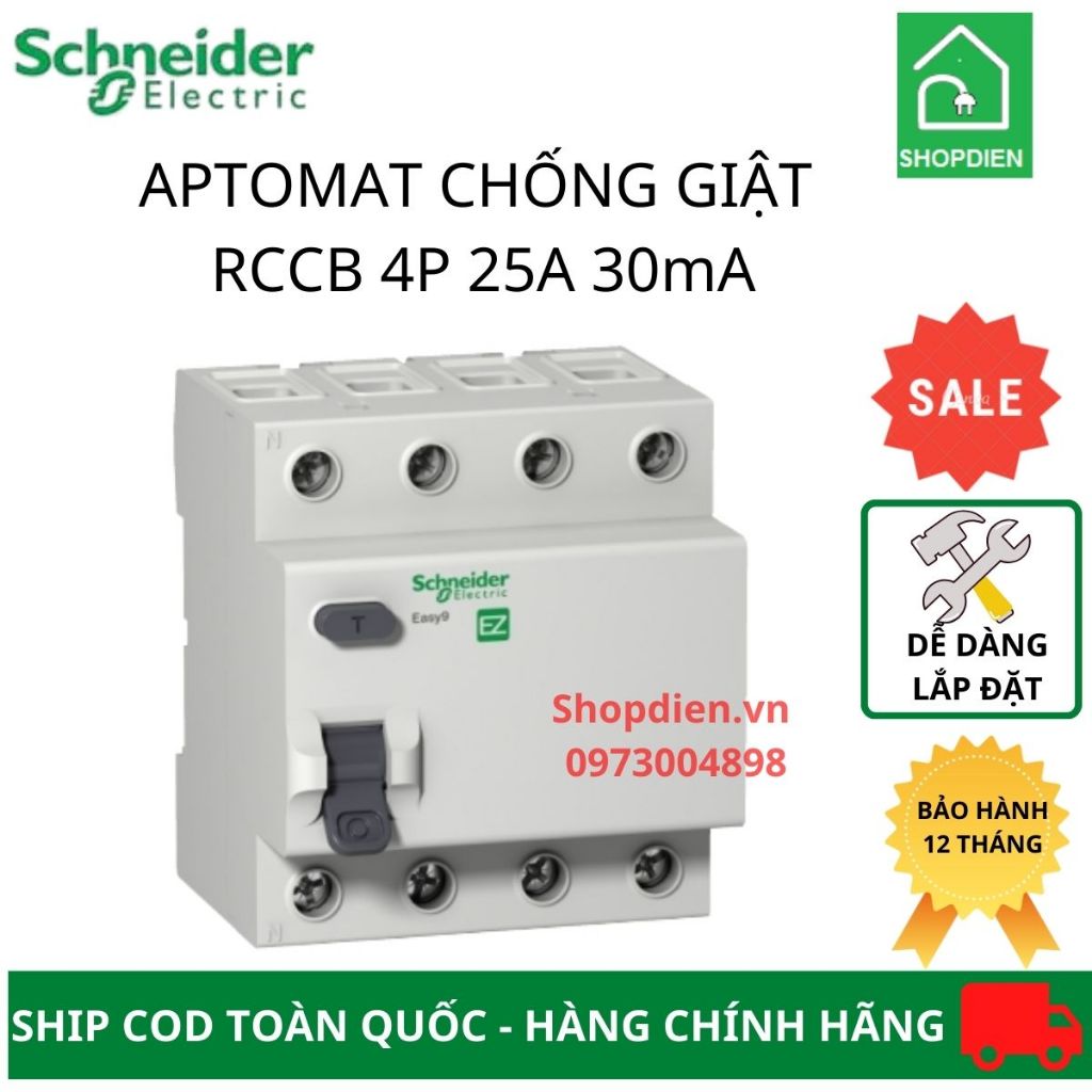 Aptomat Cầu dao chống giật chống rò điện RCCB 4P 25A 30mA Schneider Easy9 EZ9R36425