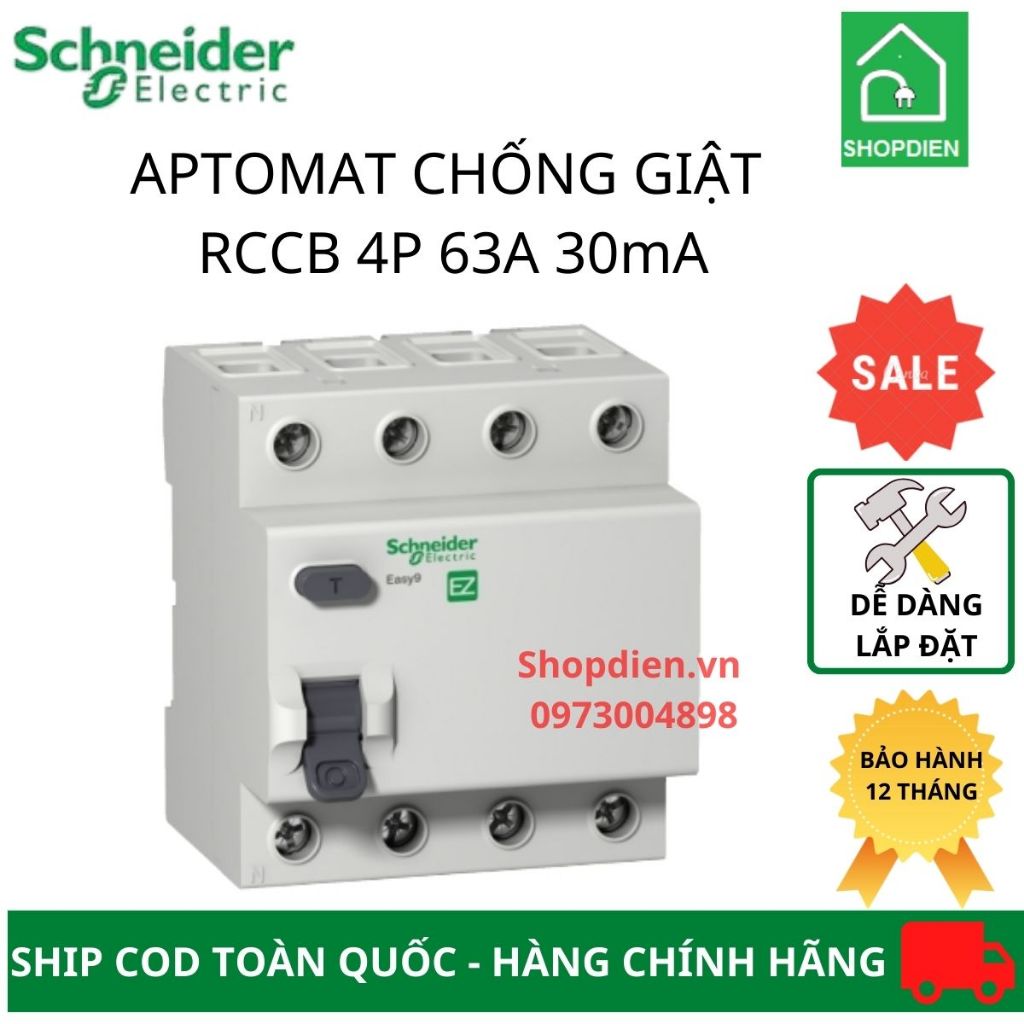 Aptomat Cầu dao chống giật chống rò điện RCCB 4P 63A 30mA Schneider Easy9 EZ9R36463