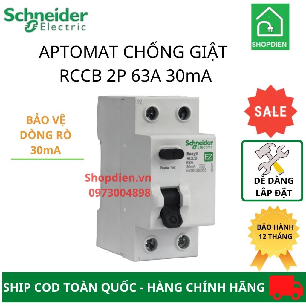 Aptomat Cầu dao chống giật chống rò điện RCCB 2P 63A 30mA Schneider Easy9 EZ9R36263